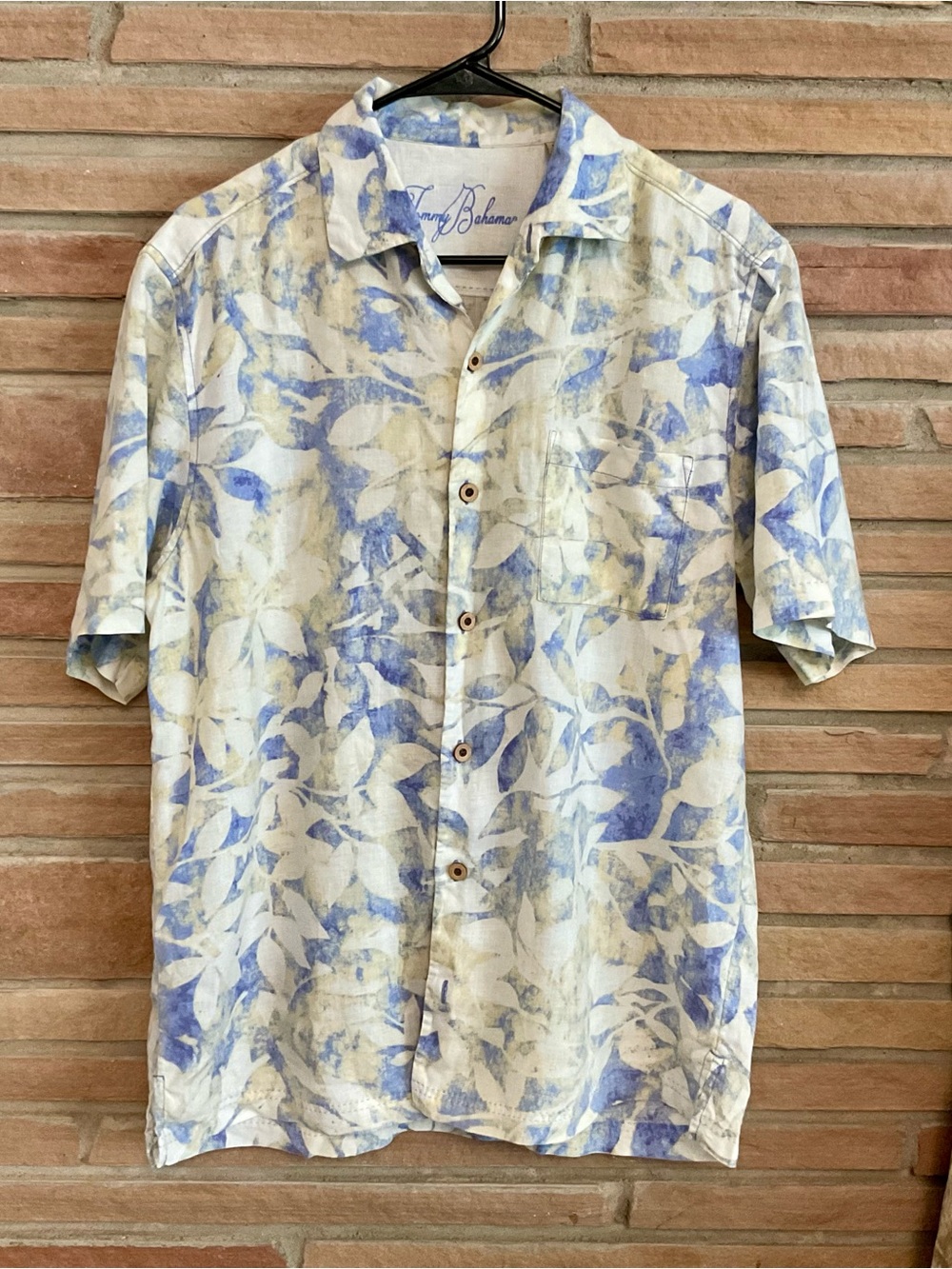 Tommy Bahama Linen Shirt Blue Yellow Print Medium